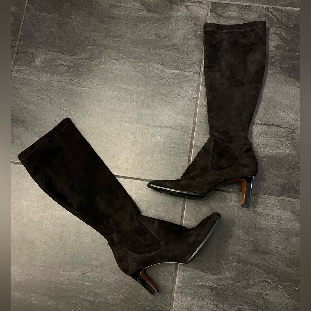 Black Suede Knee High 8.5 Cole Haan Square Toe Boots